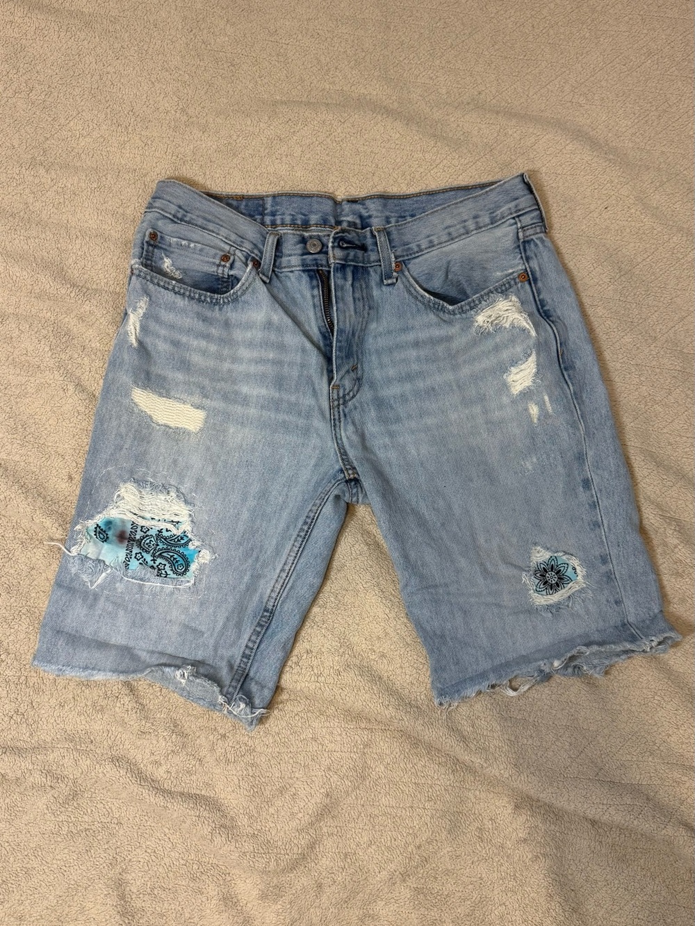 Levi's Light Blue Distressed Denim Shorts with Bandana Patches